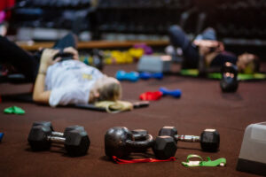 total body workout group training. Weights close up.