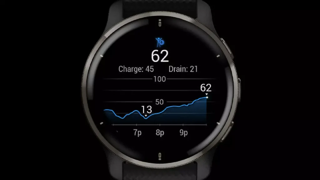 For the image of a Garmin watch showing the Body Battery reading, a descriptive and SEO-friendly alt text could be: "Close-up of Garmin smartwatch on wrist displaying high Body Battery reading, indicating readiness for activity."