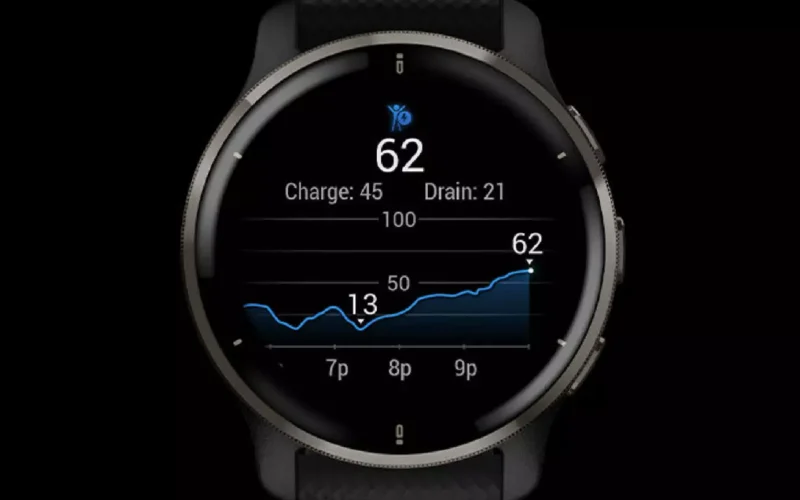 For the image of a Garmin watch showing the Body Battery reading, a descriptive and SEO-friendly alt text could be: "Close-up of Garmin smartwatch on wrist displaying high Body Battery reading, indicating readiness for activity."